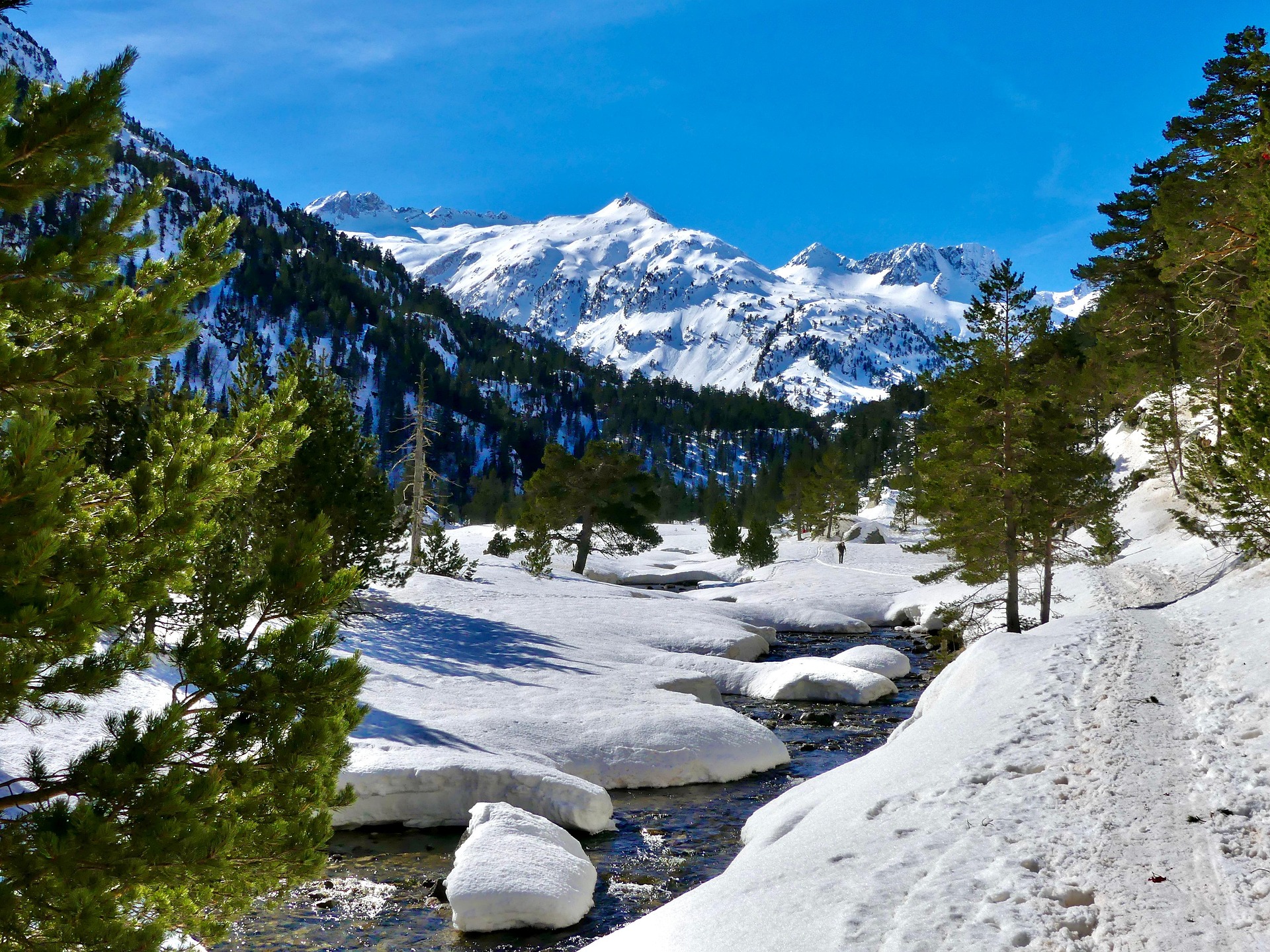 Paysage hivernal du Queyras avec rivière et montagnes enneigées