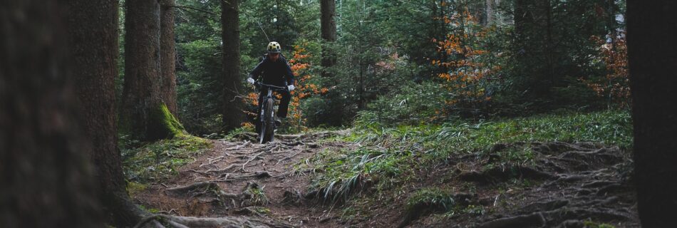 Cycliste en fat bike sur un sentier forestier dans le Queyras au cœur des Hautes-Alpes